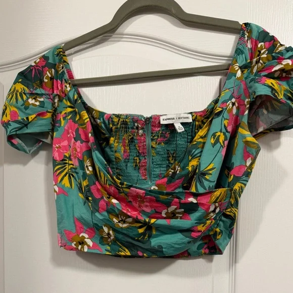 Express Teal Floral Puff Sleeve Crop Top - Picture 4 of 8